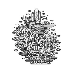 Abstract line art illustration of a vibrant coral reef ecosystem with fish and turtle