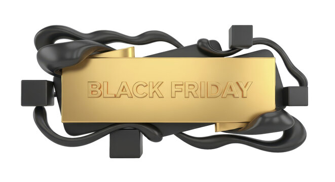 Golden promotional banner display, dynamically framed by abstract black fluid forms and sleek geometric cubes, symbolizing a significant seasonal retail sales event