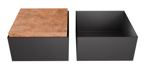 Modern Luxury Storage Box Packaging Mockup. Isolated 3D Render of Black Matte Container with Cork Lid, Shown Open and Closed on Pure White Background for Product Presentation.