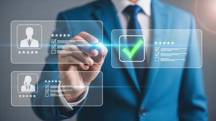 Businessman selecting best candidate profile on digital interface