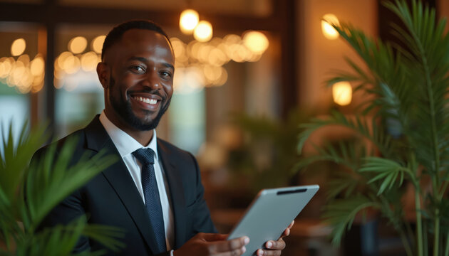 Cheerful African American businessman holds tablet in modern office. Confident male pro in suit uses digital device. Successful Black entrepreneur manages business, smiling at camera in hotel lobby - Powered by Adobe