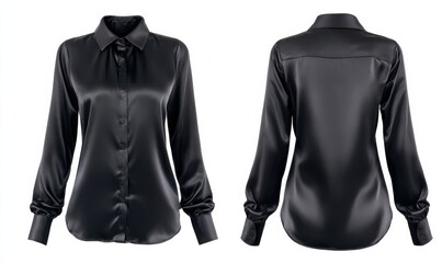 A sleek, black satin women's blouse with long sleeves and a buttoned front and back view.