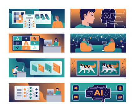 Neural network set of isometric illustrations. Artificial intelligence technology training, machine learning science, memory, automation and education. Horizontal banners.
