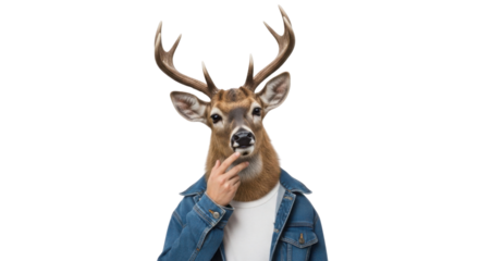 Deer with a human body wearing denim jacket and thinking isolated PNG with Transparent Background