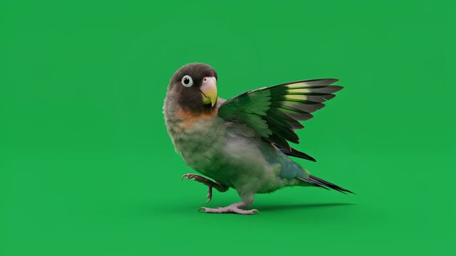 Funny parrot dancing with flapping wings on vibrant green background