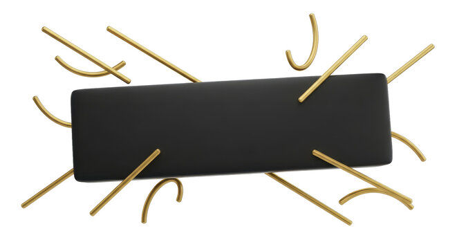 Modern abstract dynamic composition featuring a central sleek black bar from which numerous golden curved stick-like elements burst outwards, symbolizing energetic motion and innovation