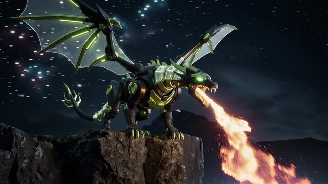 Robotic futuristic 3d Kaitiaki Taniwha perches on a rocky cliff, wings spread wide to reveal translucent glass panels, the creature gazes downward and unleashes a torrent of fiery breath