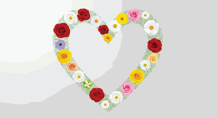 A heart-shaped floral wreath made of various colorful roses, daisies and green leaves on a light gray background.