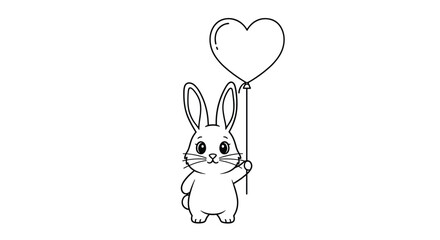 Cute cartoon bunny rabbit holding a heart shaped balloon with its paw.