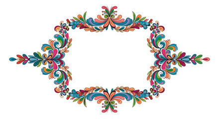 Ornate decorative colorful frame with floral and swirl elements on a white background.