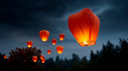 A dramatic upward-looking night scene filled with dozens of glowing traditional Chinese lanterns floating into the sky. The lanterns are large in the foreground, fully inside the f