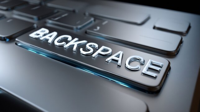 BackSpace key on a silver metallic keyboard, symbolizing deletion and correction