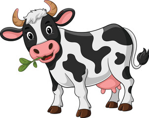 Cartoon cow illustration, smiling animal, black and white spots, pink snout, farm character, friendly design, green plant, vector, boots, horns