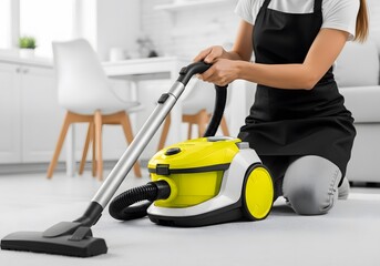 Young Woman Cleaning White Carpet with Yellow Vacuum Cleaner in Modern Living Room at Home