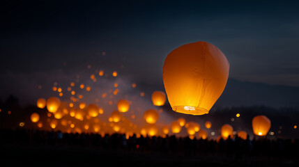 A breathtaking nighttime festival scene where hundreds of glowing paper sky lanterns fill the dark sky above a large crowd. The lower part of the image shows silhouettes of people