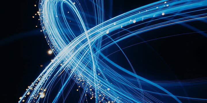 Abstract blue light streaks on dark background representing digital technology innovation - Powered by Adobe
