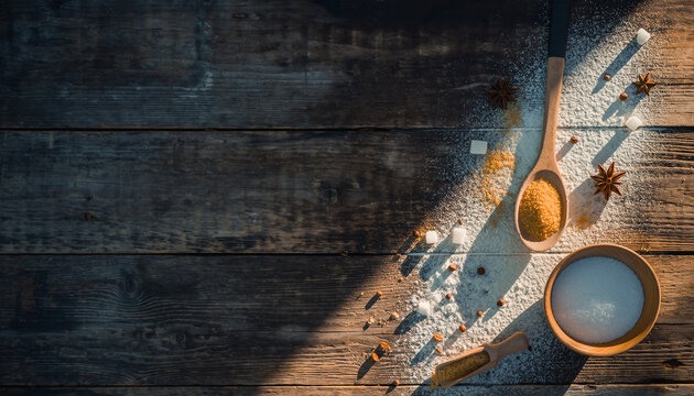 Rustic kitchen scene with brown and white sugar, anise stars and wooden spoons for baking or culinary projects, perfect for food blog or cookbook