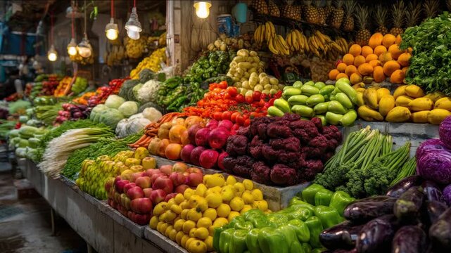 Modern bazaar counter: a vibrant display of fresh vegetables and fruits