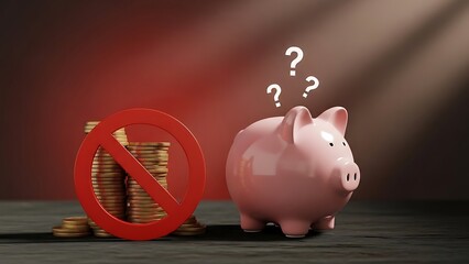 Financial Uncertainty Piggy Bank with Question Marks, Forbidden Savings, and Economic Concerns