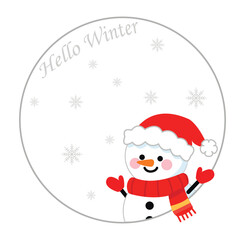 An illustration of a cute snowman wearing a red Santa hat, scarf, and mittens. He smiles and peers out from the right side of a circular frame with falling snowflakes. At the top of the circle is the 