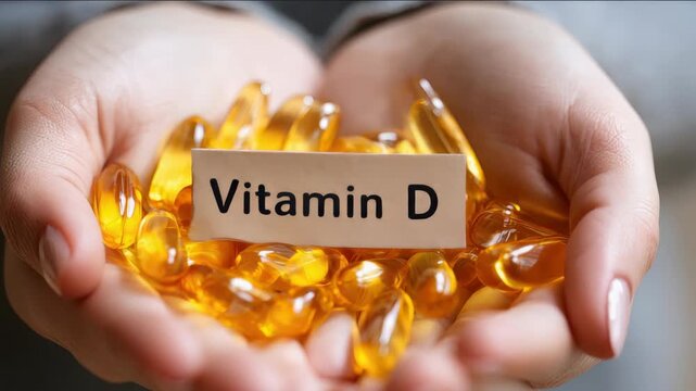 Female hands in a yellow sweater holding Vitamin D softgel capsules