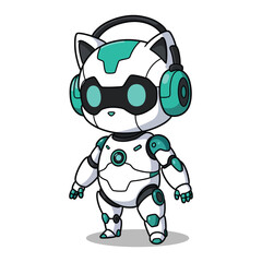 Cute Chibi Cat Robot Mascot with Headphones Vector Illustration