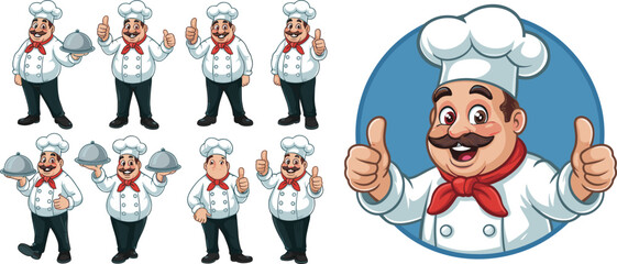 Cartoon chef character, cooking poses, expressive gestures, culinary mascot, white uniform, red neckerchief, restaurant branding, kitchen icon, smiling cook, vector