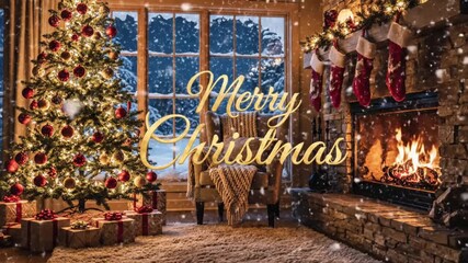 A magical holiday interior scene, rich with festive details and a prominent golden greeting. A beautifully adorned evergreen tree, illuminated with warm lights and vibrant red and gold ornaments, anch