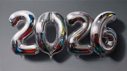 Celebratory silver 2026 balloons floating against a grey background anticipation