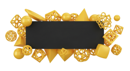 A vibrant collection of yellow geometric solids and wireframes floating around a central black banner, isolated on a white background