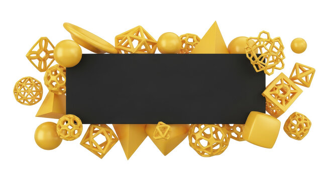 A vibrant collection of yellow geometric solids and wireframes floating around a central black banner, isolated on a white background