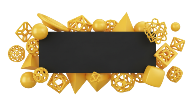 A vibrant collection of yellow geometric solids and wireframes floating around a central black banner, isolated on a white background - Powered by Adobe