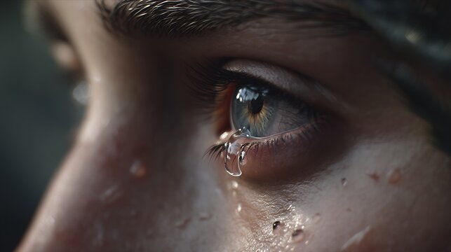 Close-up of a human eye with a teardrop reflecting profound emotion