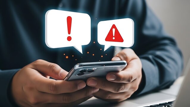 Smartphone alert notifications and warnings displayed on mobile device screen, concept of digital communication and urgent messages