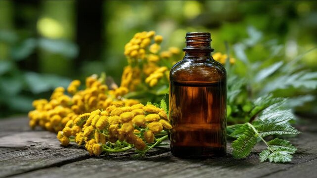 Tanacetum vulgare (Tansy) essential oil bottle on a wooden stump among bright yellow flowers