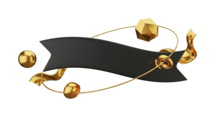 Dynamic 3D illustration featuring a sophisticated black banner scroll, elegantly adorned with shimmering golden abstract geometric shapes and flowing decorative elements, ideal for premium design