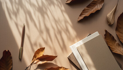 Warm autumn sunlight streams across a journal and pen, inviting creativity and reflection on a tranquil, productive day perfect for writing inspiration