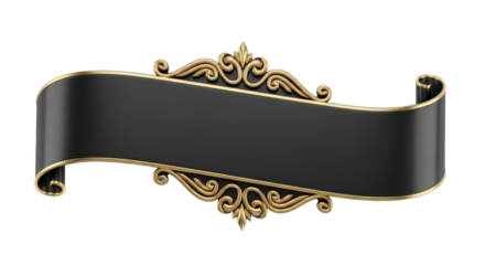 Luxurious black and gold scroll banner with baroque filigree, an elegant 3D rendered decorative element for titles