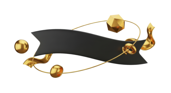 Dynamic 3D illustration featuring a sophisticated black banner scroll, elegantly adorned with shimmering golden abstract geometric shapes and flowing decorative elements, ideal for premium design