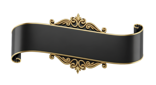 Luxurious black and gold scroll banner with baroque filigree, an elegant 3D rendered decorative element for titles - Powered by Adobe