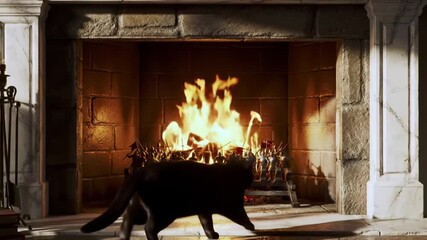 A roaring fire crackles in a stone fireplace, casting warm light on tiny knight figurines arranged like an army. A sleek black cat strolls past, adding mystery to the cozy, medieval-inspired winter .