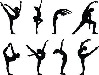 Fototapeta premium Dance silhouettes, gymnastics poses, ballet movements, expressive posture, high leg extension, backbend figure, black outline, flexibility study, motion reference, body form