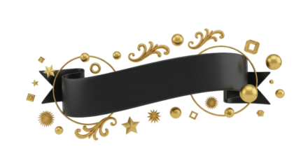 A flowing black banner with golden ornate embellishments and abstract shapes, perfect for graphic design elements and celebrations