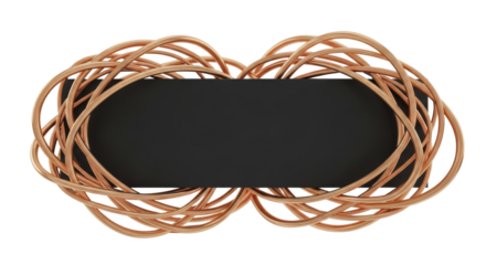 Abstract modern frame crafted from intertwined copper wires, surrounding a blank black banner for text or logo placement, isolated on white