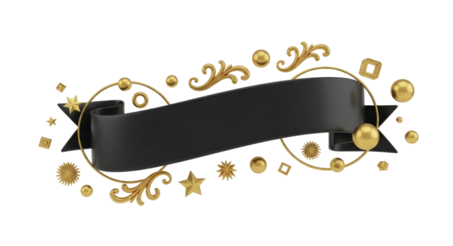 A flowing black banner with golden ornate embellishments and abstract shapes, perfect for graphic design elements and celebrations - Powered by Adobe