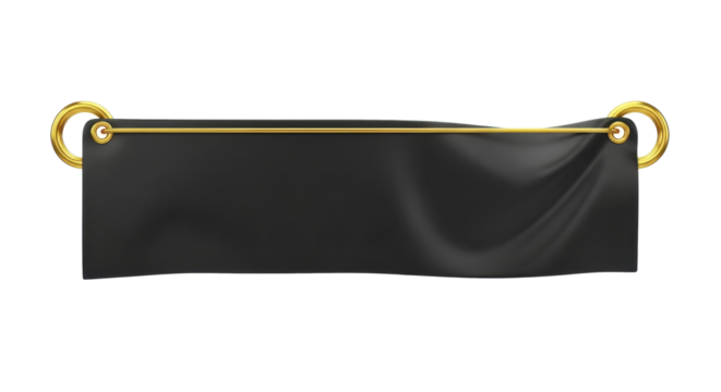 Elegant black fabric banner with luxurious golden rings, a blank wavy scroll mockup for titles or advertising text isolated on a white background