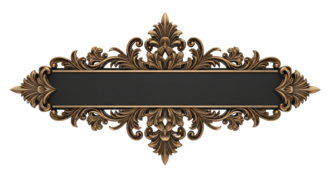 Elegant antique-style bronze ornamental cartouche with intricate acanthus leaf scrollwork, featuring a central black plaque for text