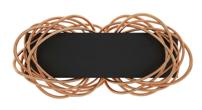 Abstract modern frame crafted from intertwined copper wires, surrounding a blank black banner for text or logo placement, isolated on white