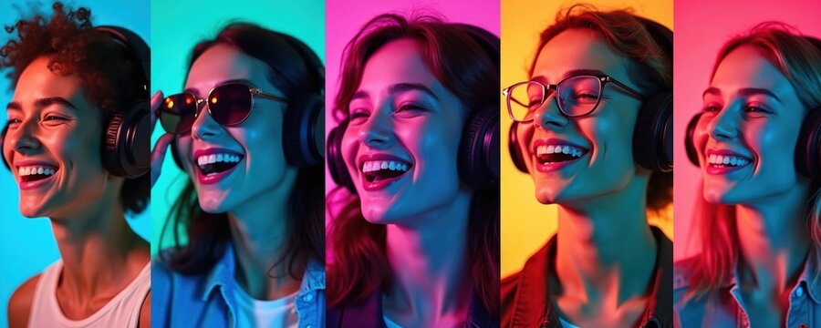 Portraits of laughing young women with headphones. Neon color lights create vivid background. Concept of happy faces emotions. Collage of female portraits for advertisement design or marketing. - Powered by Adobe