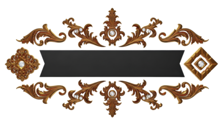 Luxurious vintage baroque frame with ornate gold filigree scrolls and sparkling gems, featuring a blank black banner for custom text